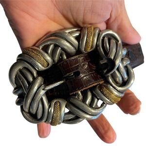 Women's Vintage Western Belt Knot Buckle Brown Leather Lizard Embossed Belt